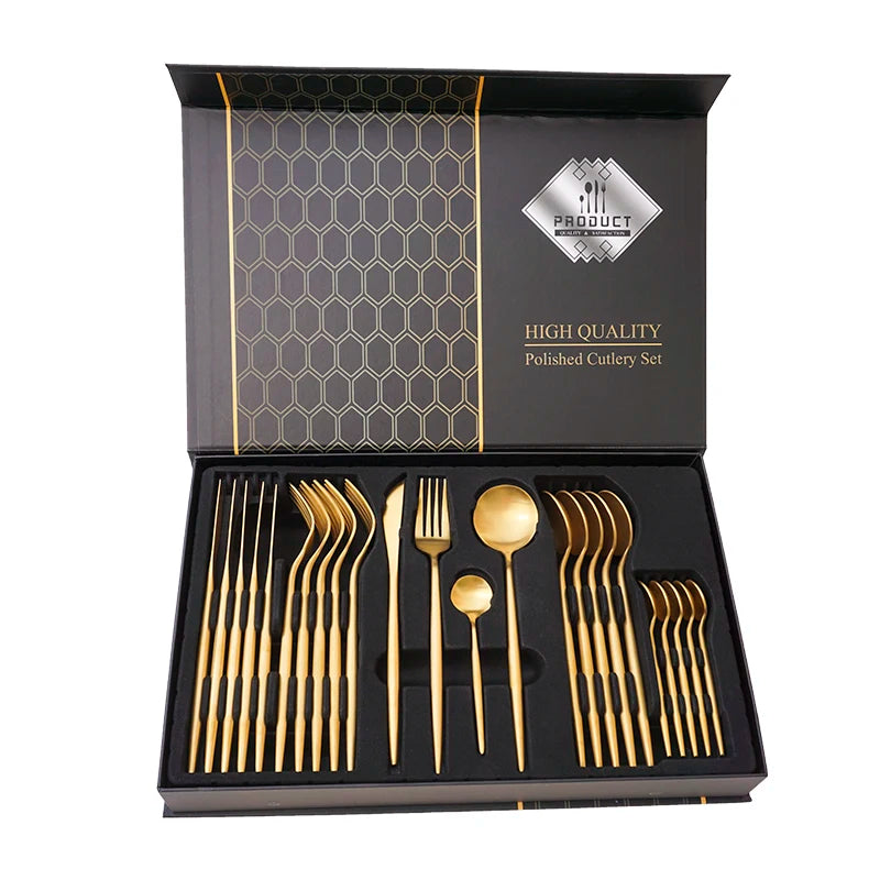 Kitchenware 24 Pcs Creative Western Silver Gold Portugal Steak Spork Knife Tableware Set 430 Stainless Steel Cutlery Set