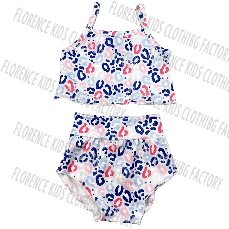 DH ODM Wholesale 4th of July Checkered Bamboo Halter Peplum Biker Shorts Two Piece Outfit Girl Kids Clothing Sets