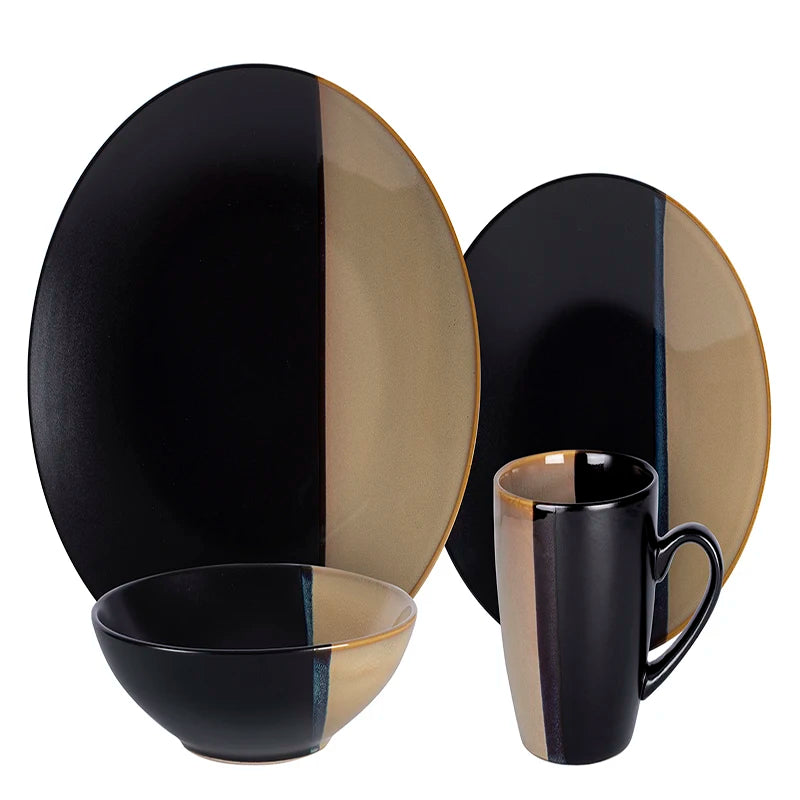 Best Selling Nordic Black and Gold Edge Creative Western Family Gathering Supplies Ceramic Soup Bowls Plates and Cutlery Sets