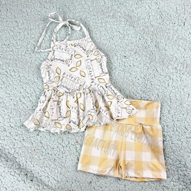 DH ODM Wholesale 4th of July Checkered Bamboo Halter Peplum Biker Shorts Two Piece Outfit Girl Kids Clothing Sets