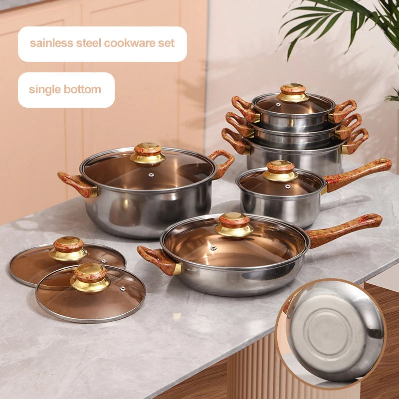 12pcs Thickening Cooking Pot Kitchenware Stainless Steel Casserole Cookware Set Cooking Pot and Pans Set with Wood Grain