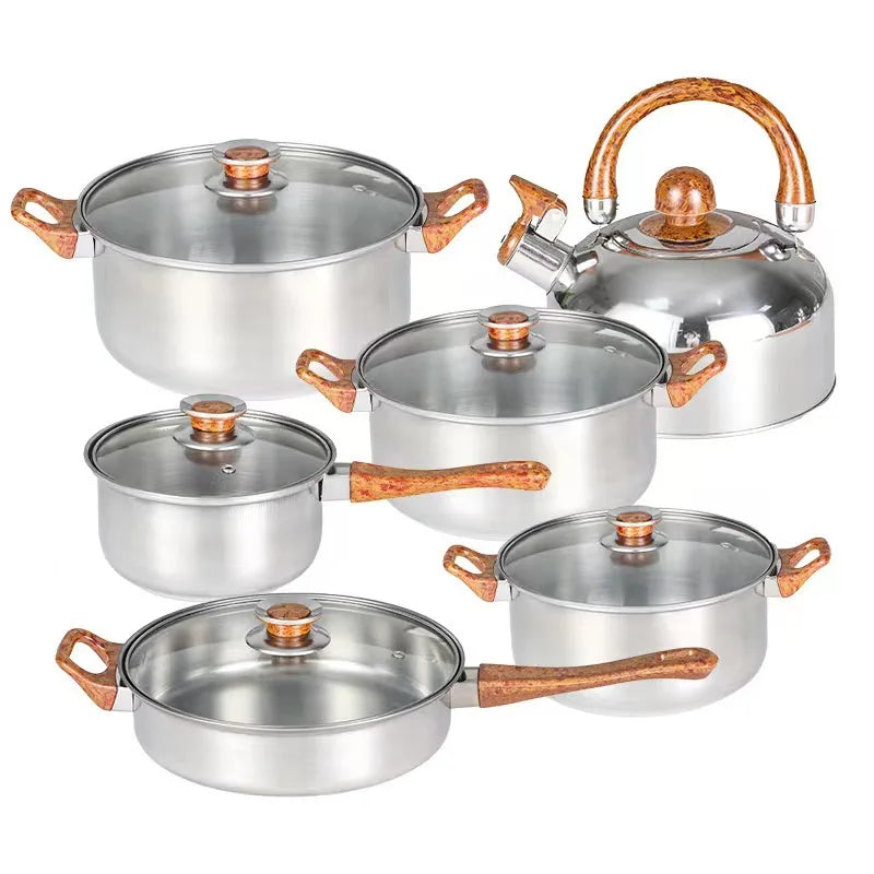 12pcs Thickening Cooking Pot Kitchenware Stainless Steel Casserole Cookware Set Cooking Pot and Pans Set with Wood Grain