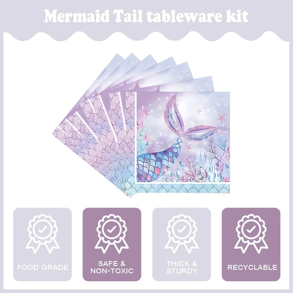 Mermaid 10pcs/set 7 Inch 9 Inch Plates Happy Birthday Party Disposable Tableware Set Forks Knives Spoons Cups for Party Supplies