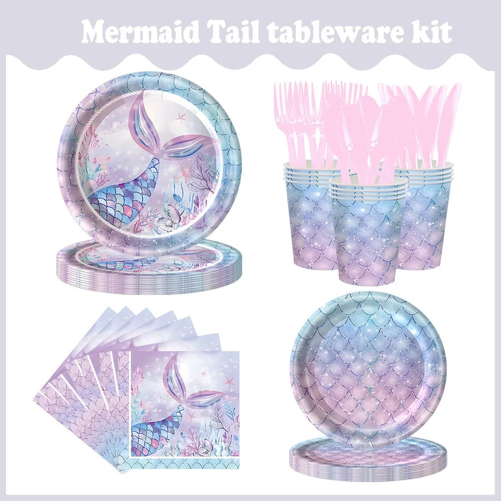 Mermaid 10pcs/set 7 Inch 9 Inch Plates Happy Birthday Party Disposable Tableware Set Forks Knives Spoons Cups for Party Supplies