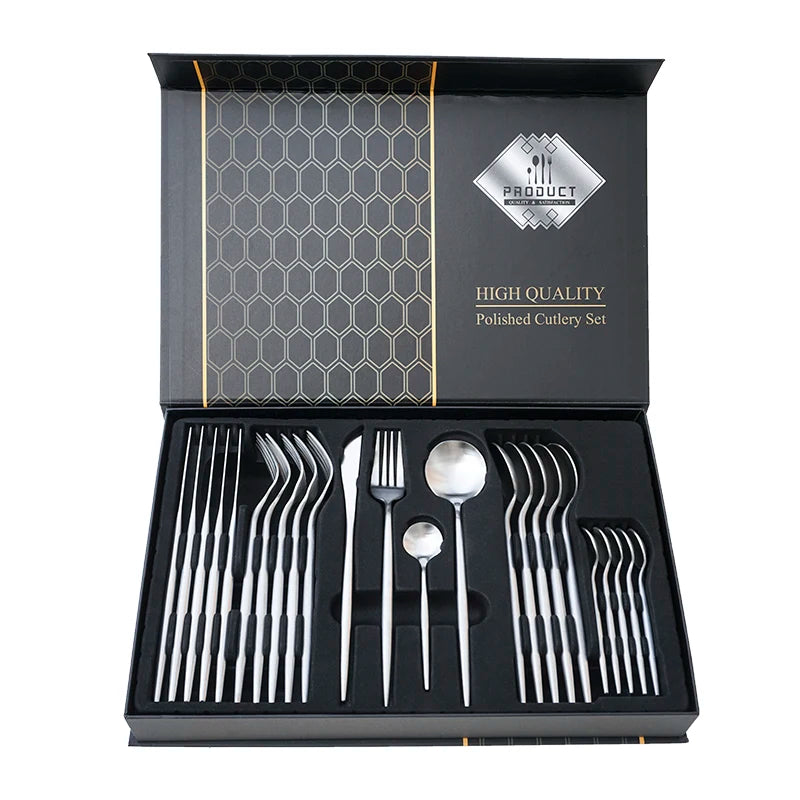 Kitchenware 24 Pcs Creative Western Silver Gold Portugal Steak Spork Knife Tableware Set 430 Stainless Steel Cutlery Set