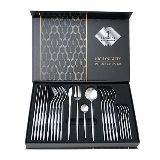 Kitchenware 24 Pcs Creative Western Silver Gold Portugal Steak Spork Knife Tableware Set 430 Stainless Steel Cutlery Set