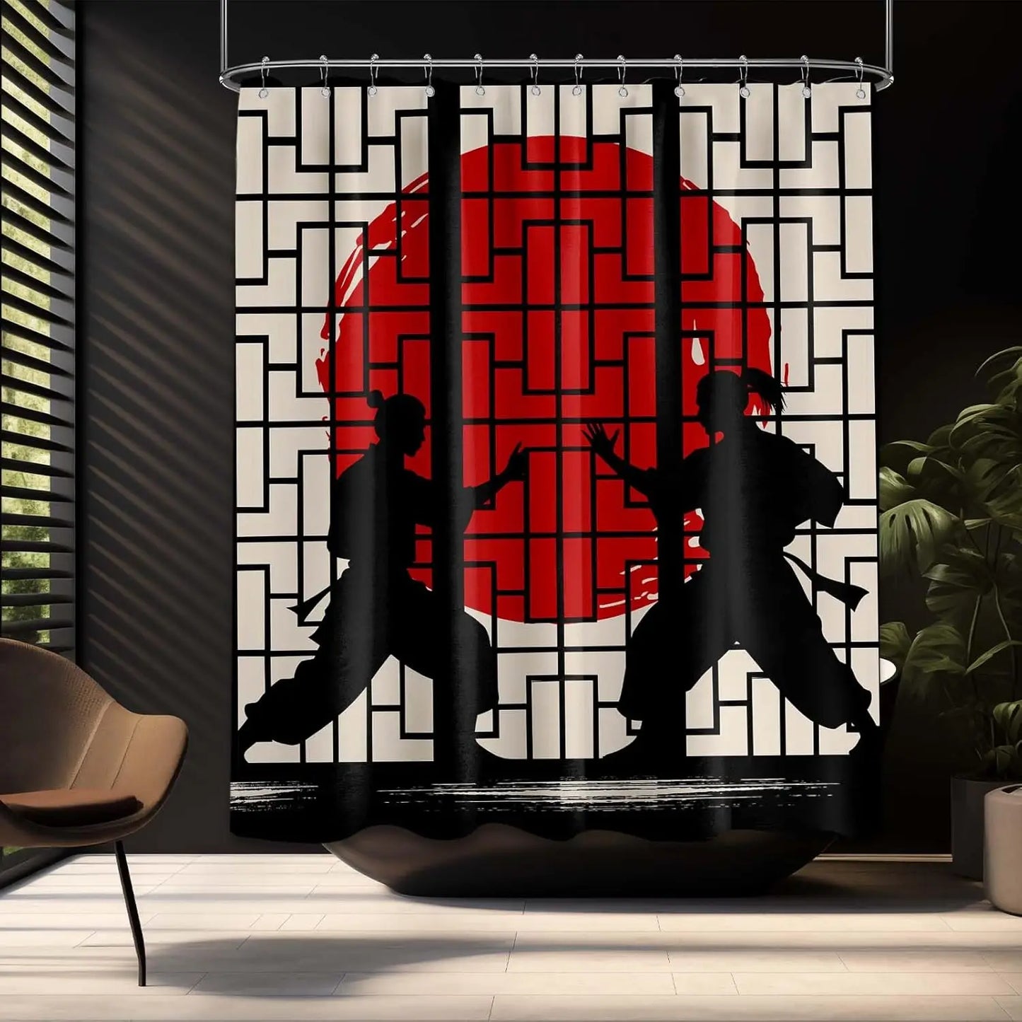 Japanese Shower Curtain Black and Red Mens Anime Asian Shower Curtains for Bathroom Decor Sets, Waterproof Cloth Fabric with