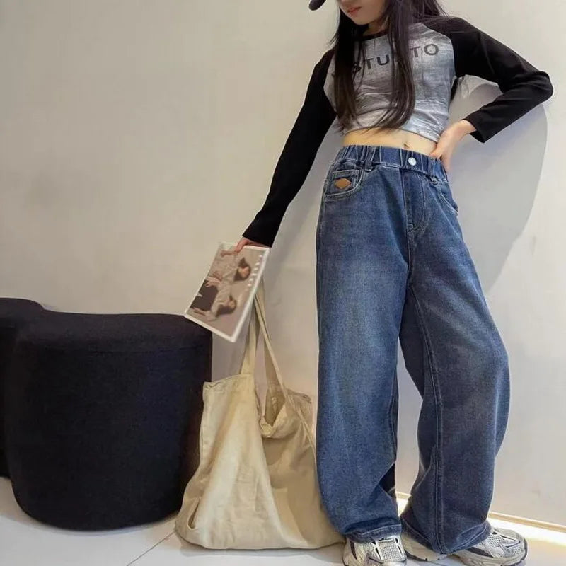 Teenage Girls Jeans 2025 Spring Autumn Casual Fashion Loose Blue Kids Leg Wide Pants School Children Trousers 6 8 10 12 Year
