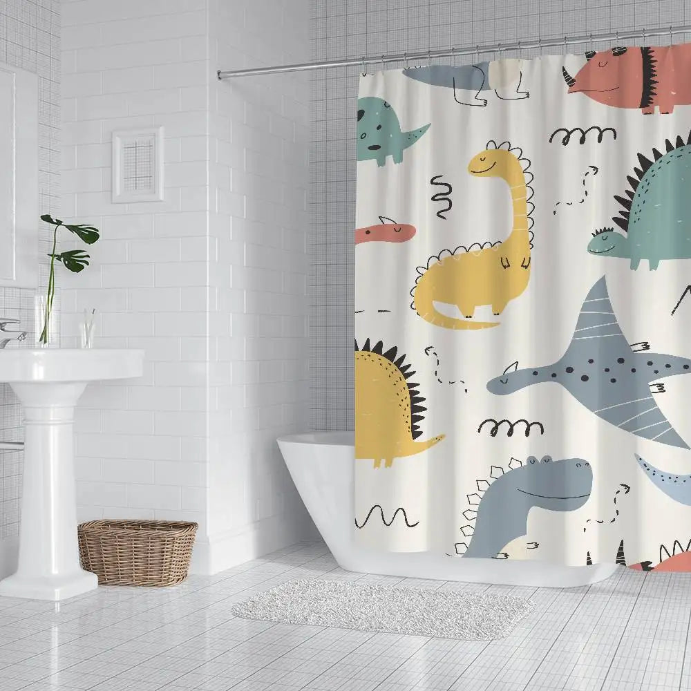 Cartoon Animal Dinosaur Print Waterproof Polyester Shower Curtain Waterproof Bathroom Curtain Liners 90x180cm With 12 Hooks