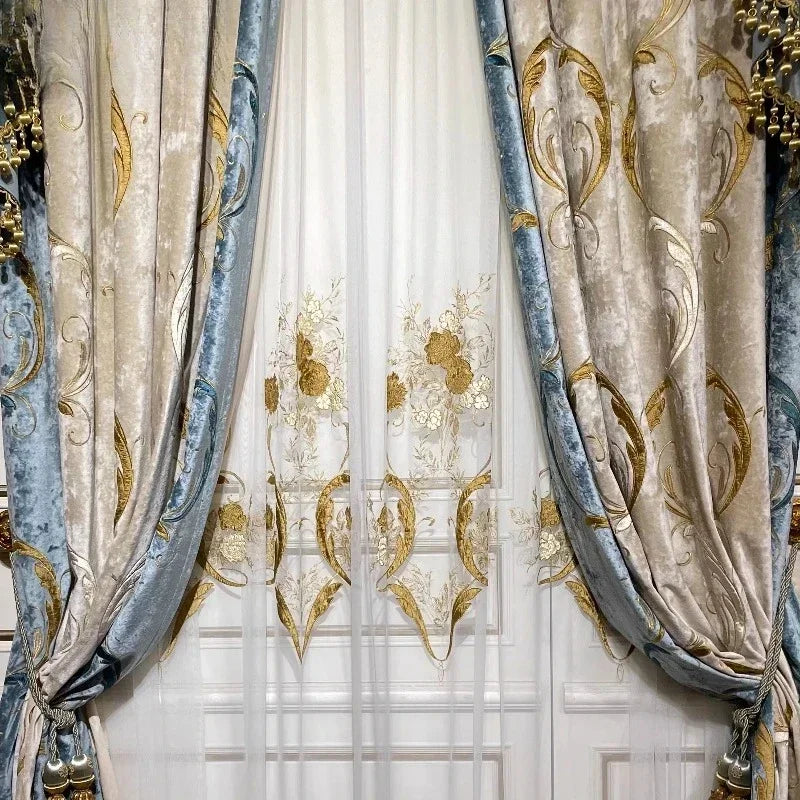 High-end Luxury Villa European-Americancurtains for Living Room and Bedroom Blackout Curtains Custom Blue Embroidered Curtain