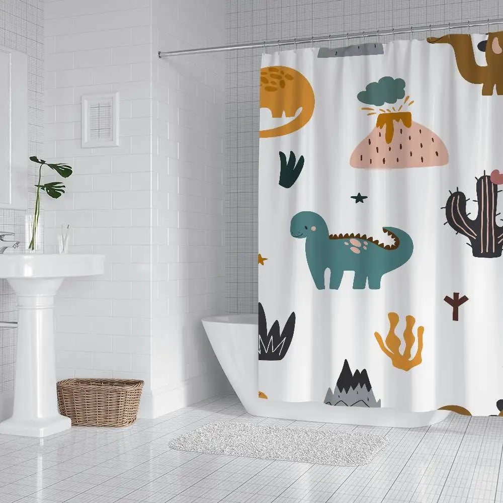 Cartoon Animal Dinosaur Print Waterproof Polyester Shower Curtain Waterproof Bathroom Curtain Liners 90x180cm With 12 Hooks