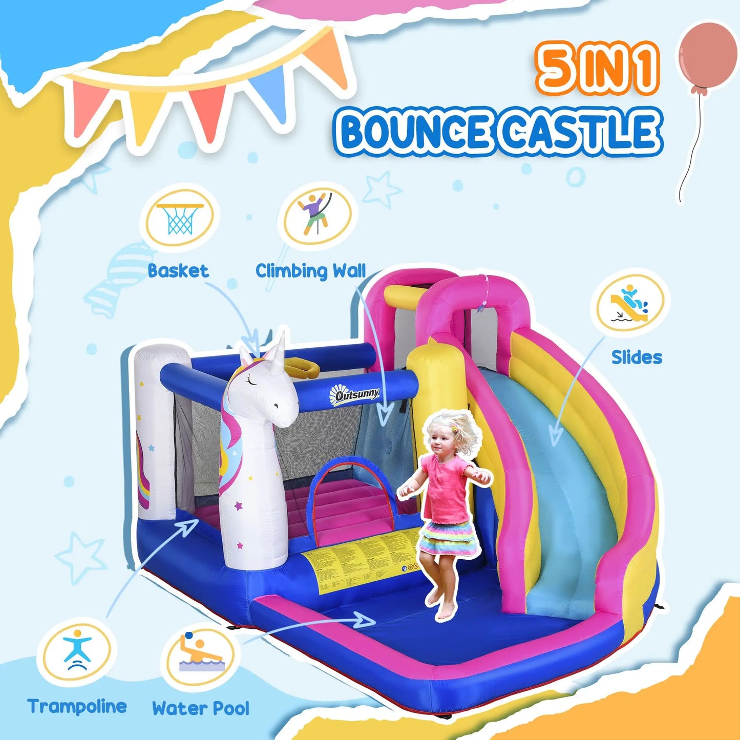 5-in-1 Inflatable Bounce House for Kids Aged 3-10 with Trampoline Pool Climbing Wall Includes Air Blower for Outdoor Activities