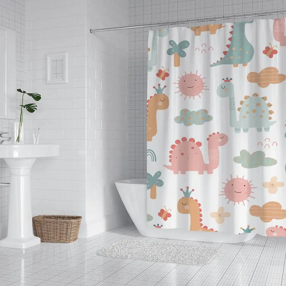 Cartoon Animal Dinosaur Print Waterproof Polyester Shower Curtain Waterproof Bathroom Curtain Liners 90x180cm With 12 Hooks
