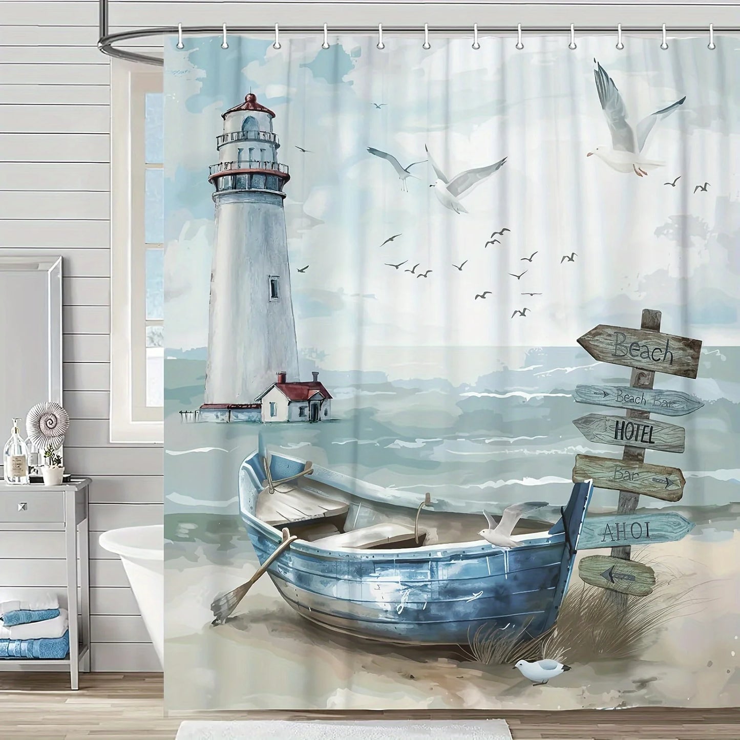 Coastal Charm Shower Curtain- Ocean Beach & Lighthouse Design, Waterproof Polyester With Hooks, Perfect For Bathroom Decor