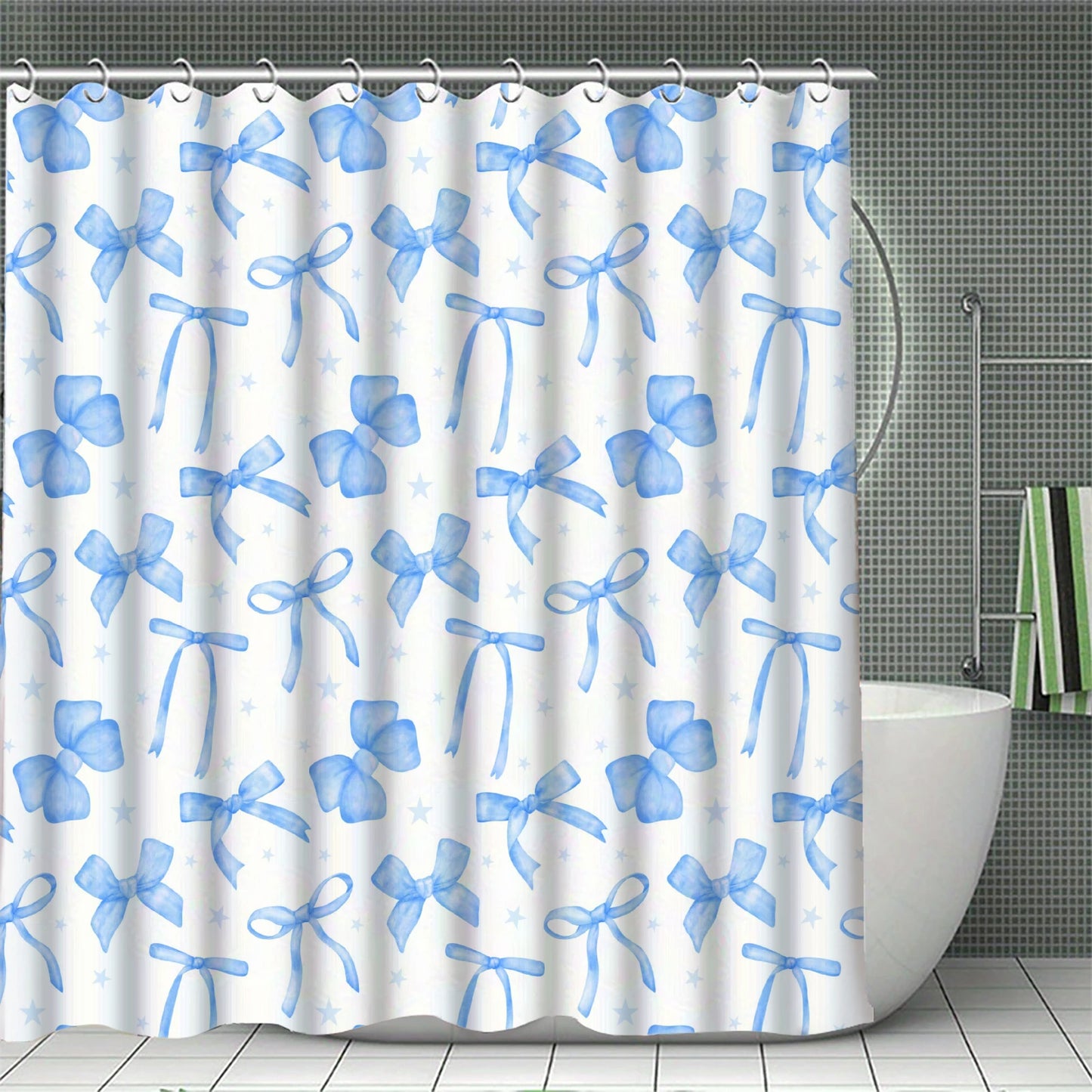 Blue Bowknot Curtains Shower Curtain Set for Bathroom Modern Bath Rug Decor For Bathroom Shower Curtains Multi-Size With 12Hooks