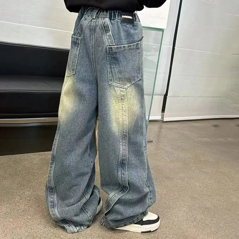 Teenage Girls Pants Fashion Spliced Design Floor Jeans Trousers Kids Wide-leg Denim Pants for 6 8 10 12 14Years Children Bottoms