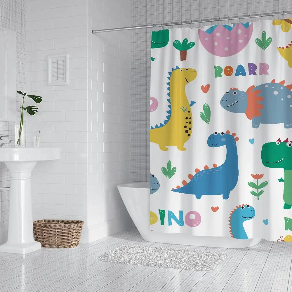 Cartoon Animal Dinosaur Print Waterproof Polyester Shower Curtain Waterproof Bathroom Curtain Liners 90x180cm With 12 Hooks
