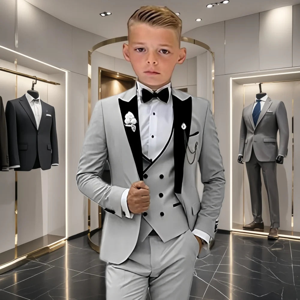 Elegant Burgundy Boy's Suit Set for Wedding, 3 Pieces Suit Set Elagent Tuxedo Sets Blazer Vest Pants Kids Photo Shot Oufit