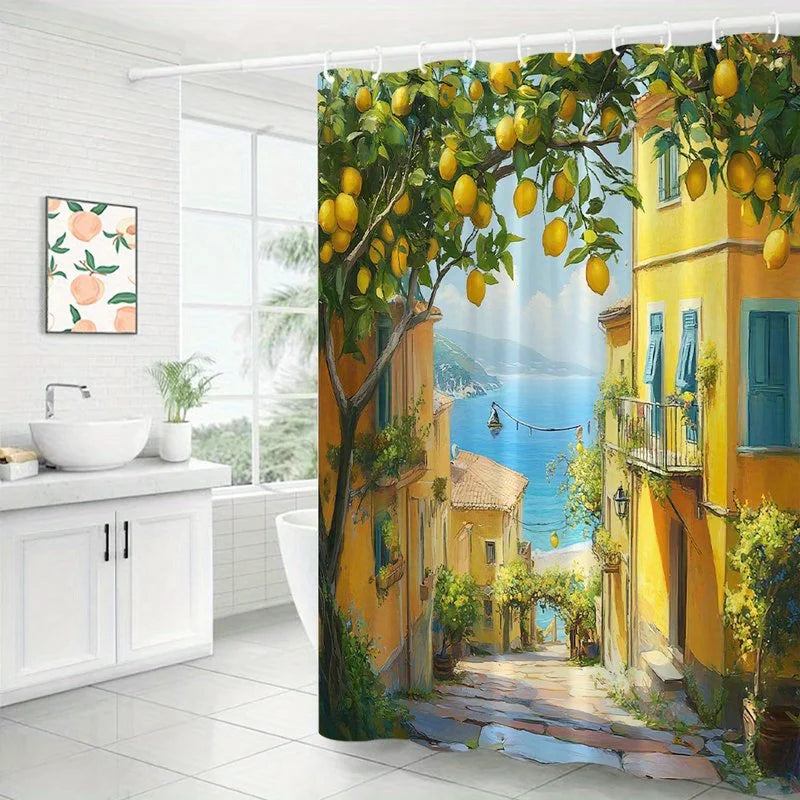 Waterproof Shower Curtain Featuring a Charming Mediterranean Village with Lemon Trees and Coastal Views for a Relaxing Bathroom