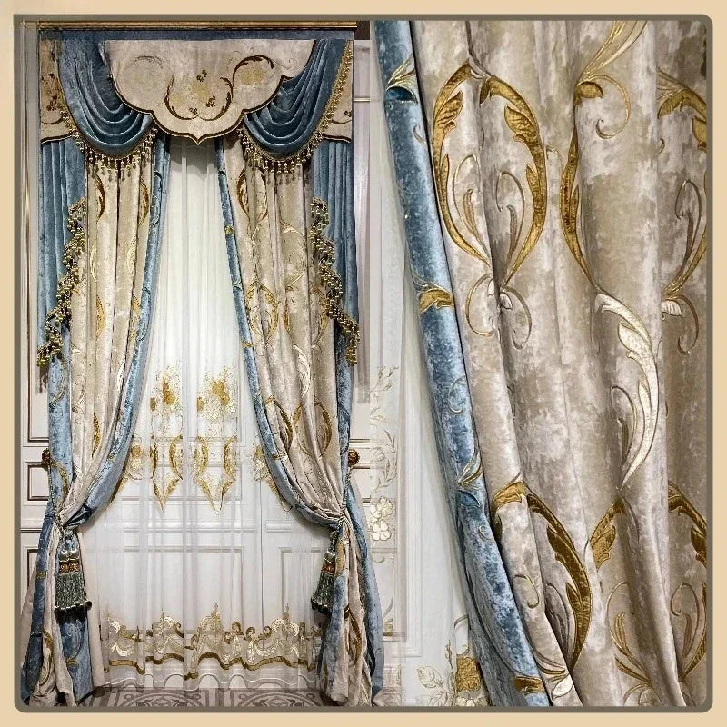High-end Luxury Villa European-Americancurtains for Living Room and Bedroom Blackout Curtains Custom Blue Embroidered Curtain
