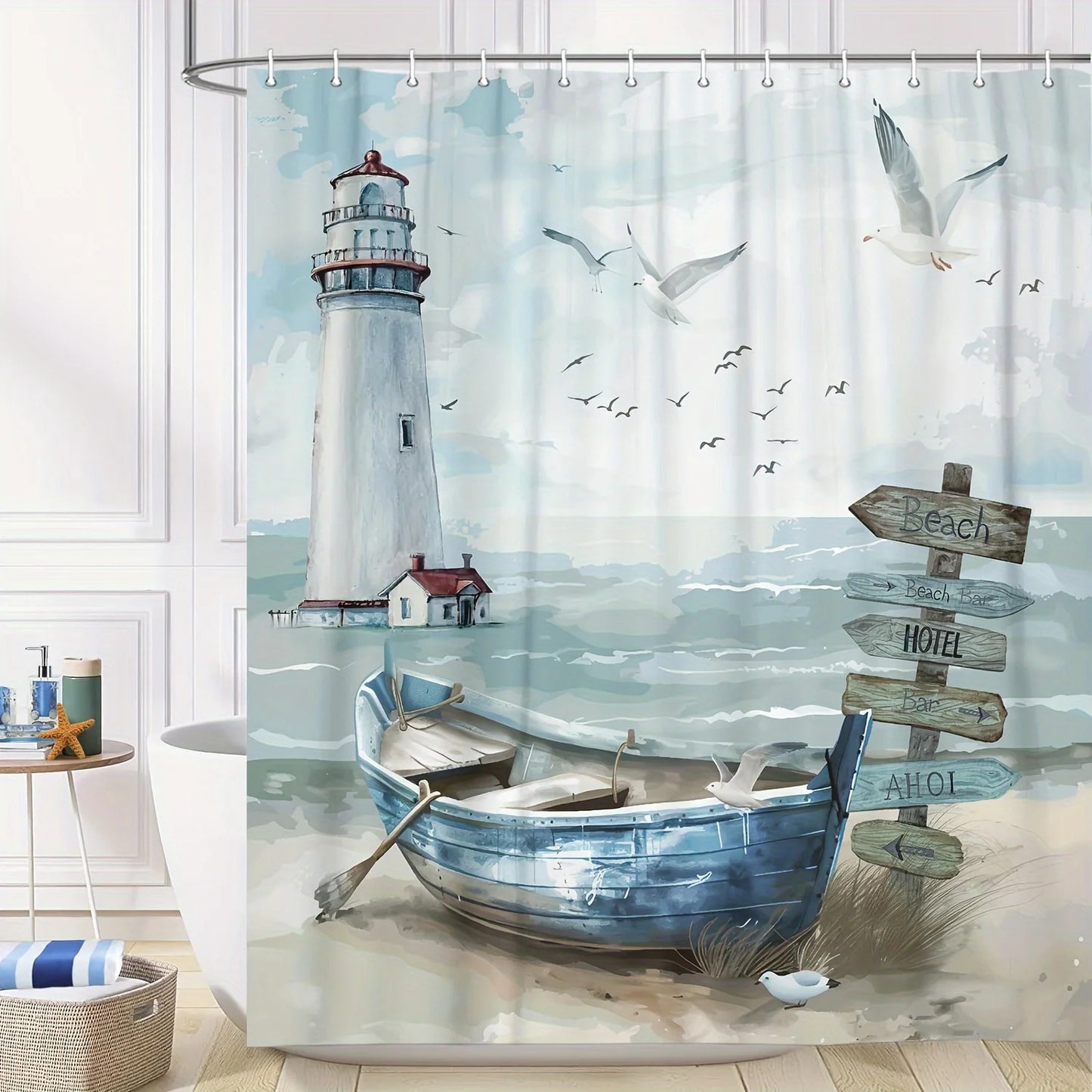 Coastal Charm Shower Curtain- Ocean Beach & Lighthouse Design, Waterproof Polyester With Hooks, Perfect For Bathroom Decor