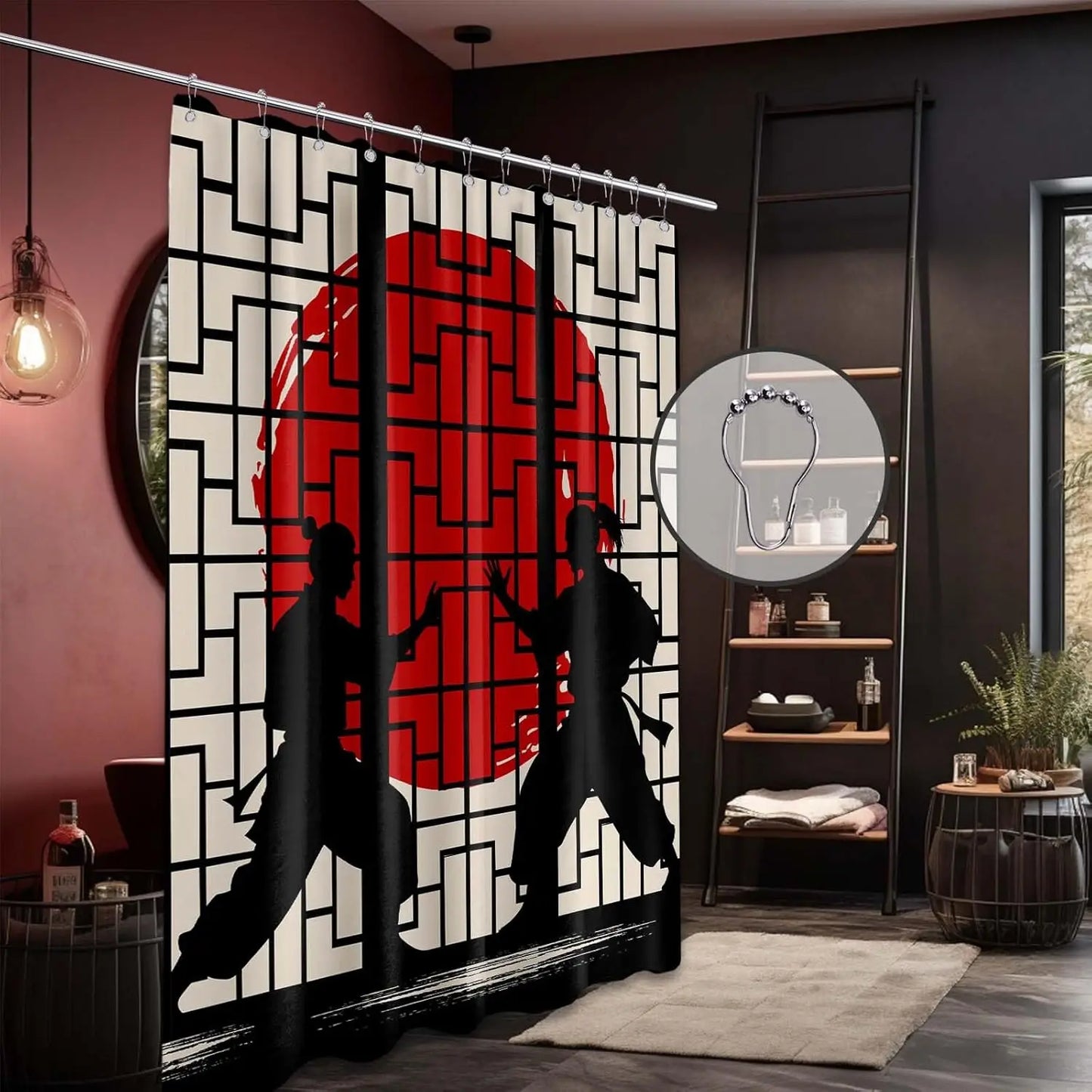 Japanese Shower Curtain Black and Red Mens Anime Asian Shower Curtains for Bathroom Decor Sets, Waterproof Cloth Fabric with