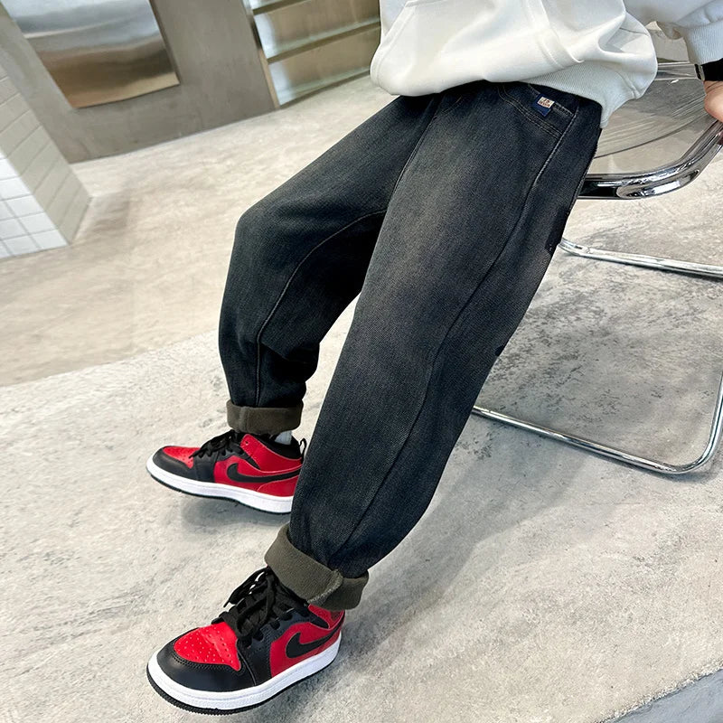Teenage Boy Warm Fleece Cartoon Jeans Pants For Age 5 6 7 8 9 10 11 12 13 14 Years Child Winter Corduroy Denim Trousers Jeans