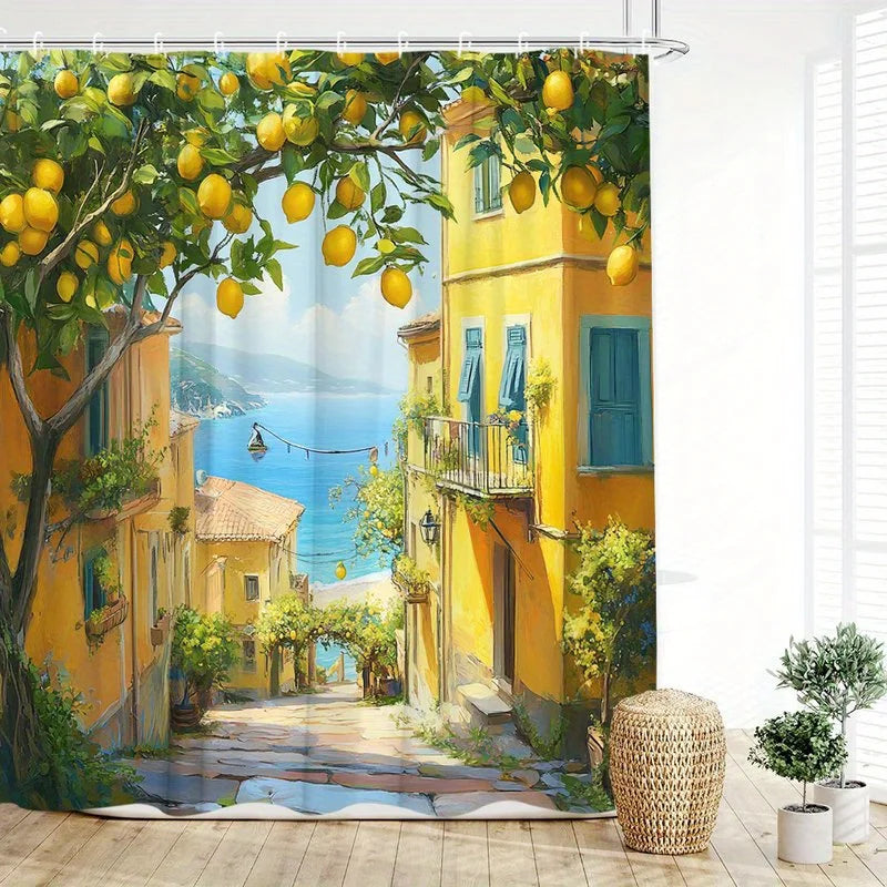 Waterproof Shower Curtain Featuring a Charming Mediterranean Village with Lemon Trees and Coastal Views for a Relaxing Bathroom