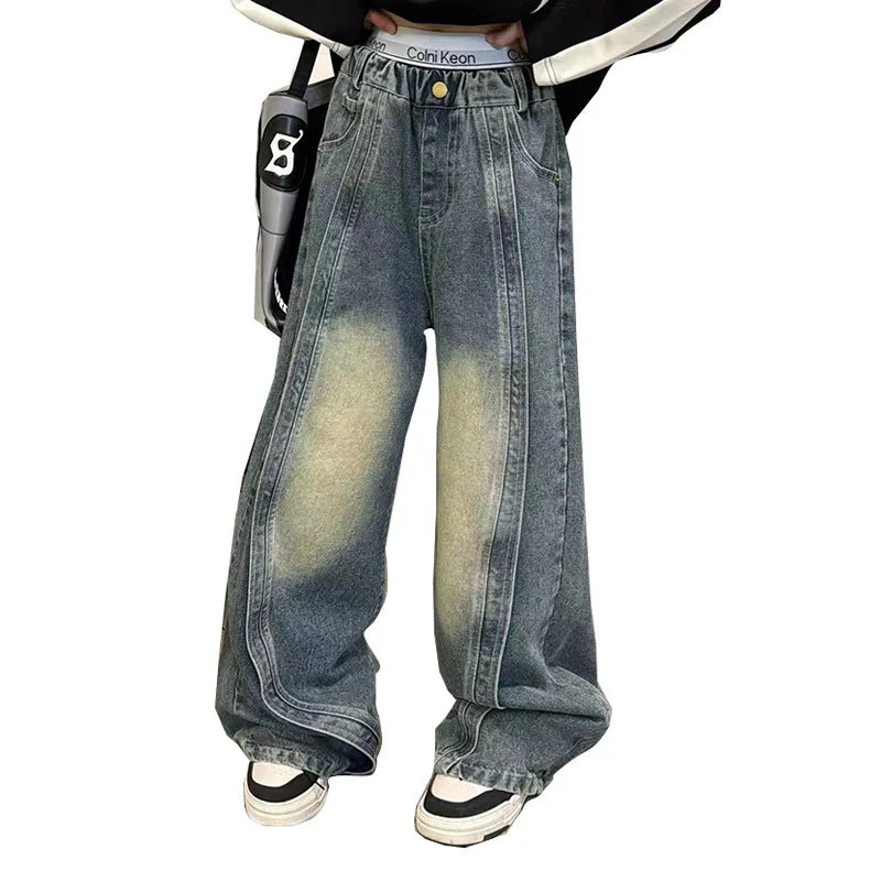 Teenage Girls Pants Fashion Spliced Design Floor Jeans Trousers Kids Wide-leg Denim Pants for 6 8 10 12 14Years Children Bottoms