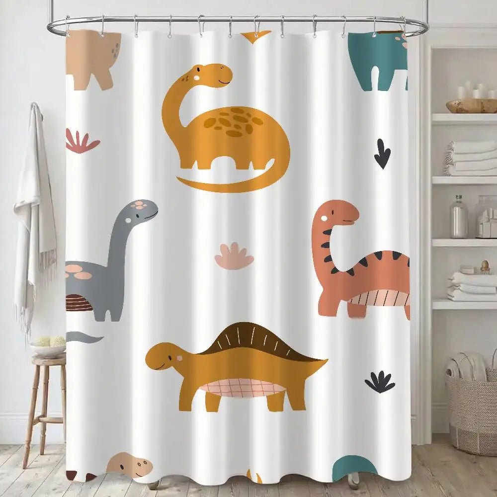 Cartoon Animal Dinosaur Print Waterproof Polyester Shower Curtain Waterproof Bathroom Curtain Liners 90x180cm With 12 Hooks