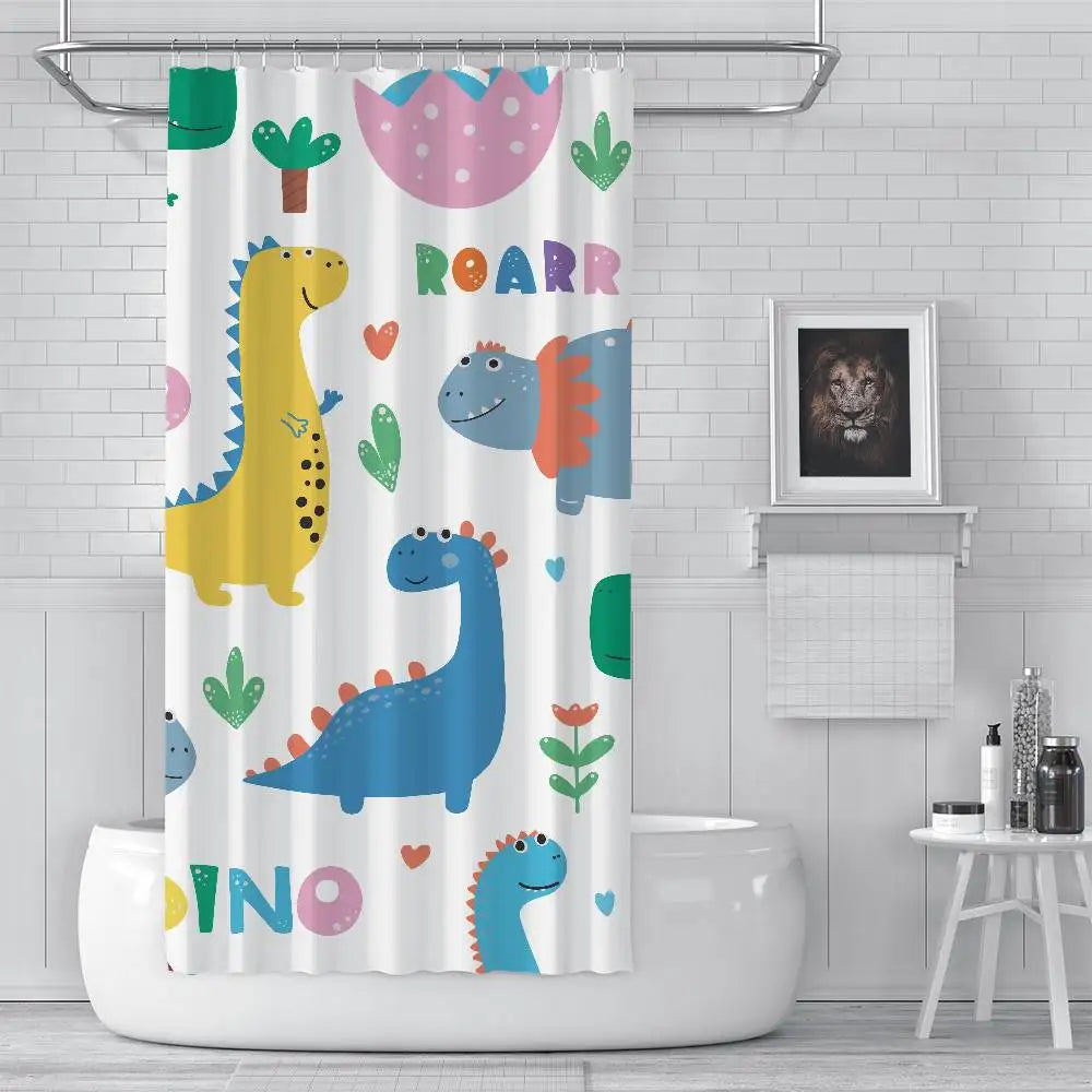 Cartoon Animal Dinosaur Print Waterproof Polyester Shower Curtain Waterproof Bathroom Curtain Liners 90x180cm With 12 Hooks