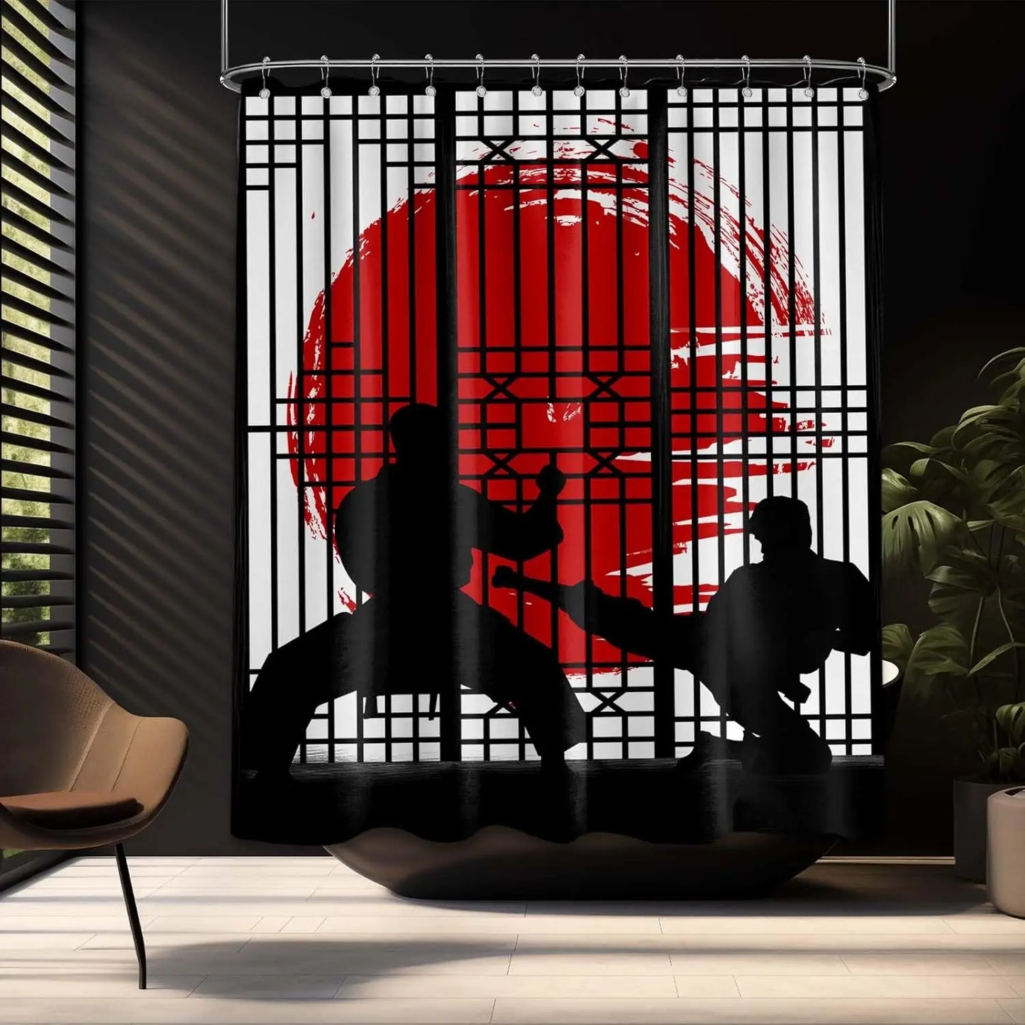 Japanese Shower Curtain Black and Red Mens Anime Asian Shower Curtains for Bathroom Decor Sets, Waterproof Cloth Fabric with