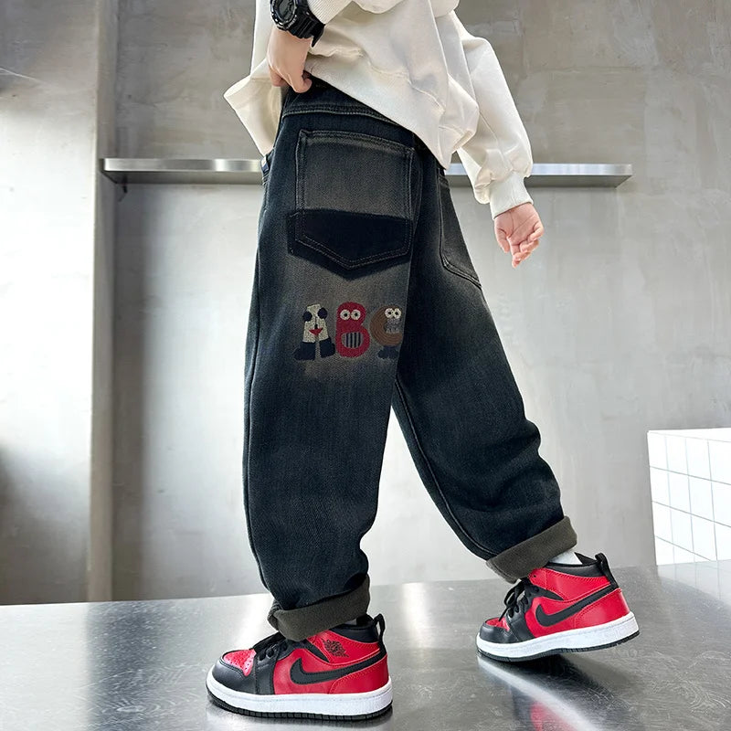 Teenage Boy Warm Fleece Cartoon Jeans Pants For Age 5 6 7 8 9 10 11 12 13 14 Years Child Winter Corduroy Denim Trousers Jeans