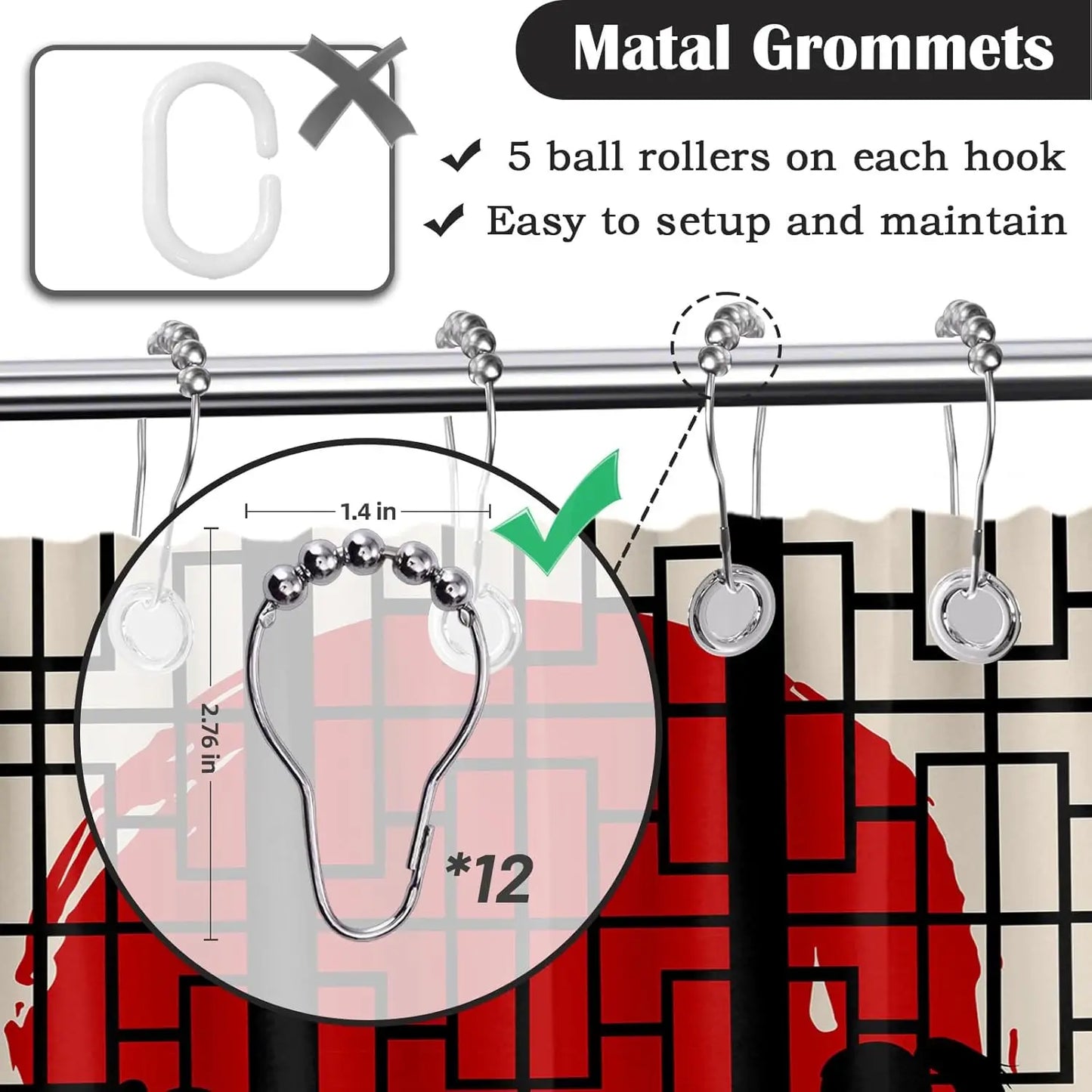 Japanese Shower Curtain Black and Red Mens Anime Asian Shower Curtains for Bathroom Decor Sets, Waterproof Cloth Fabric with