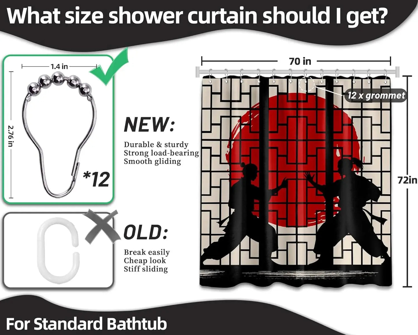 Japanese Shower Curtain Black and Red Mens Anime Asian Shower Curtains for Bathroom Decor Sets, Waterproof Cloth Fabric with