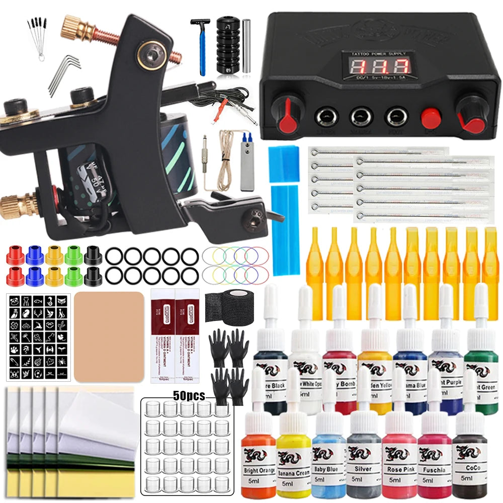 Coils Tattoo Machines Kit Cheap Beginner Tattoo Kit with Power Supply Tattoo Needles Body Arts Supplies for Liner Shader Machine