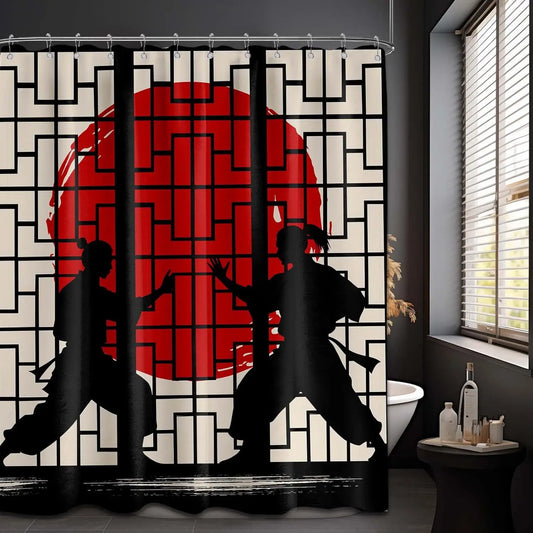 Japanese Shower Curtain Black and Red Mens Anime Asian Shower Curtains for Bathroom Decor Sets, Waterproof Cloth Fabric with