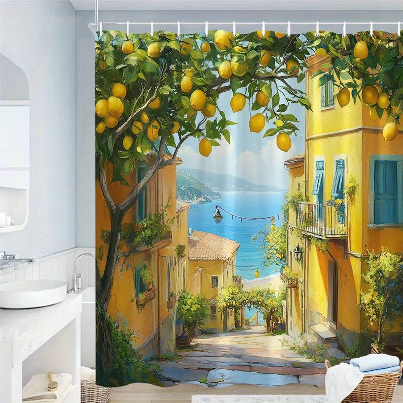 Waterproof Shower Curtain Featuring a Charming Mediterranean Village with Lemon Trees and Coastal Views for a Relaxing Bathroom