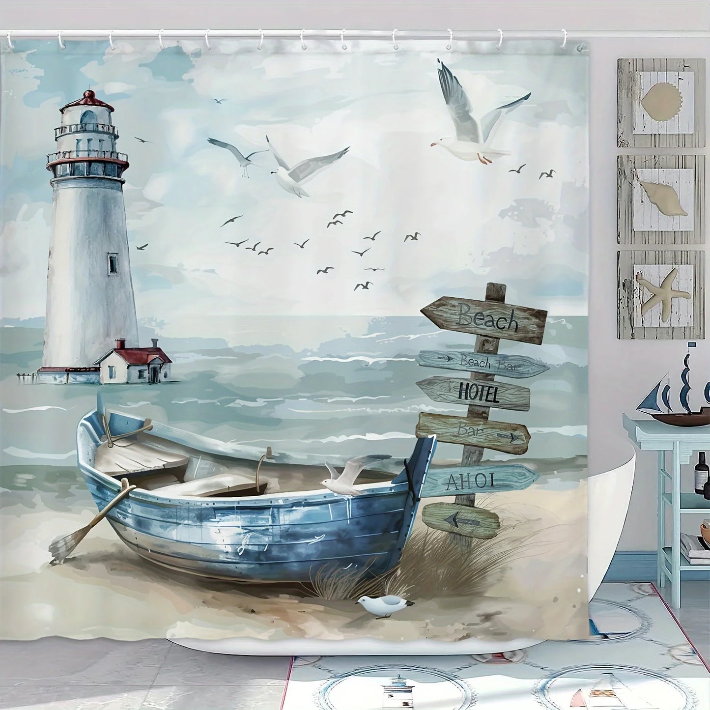 Coastal Charm Shower Curtain- Ocean Beach & Lighthouse Design, Waterproof Polyester With Hooks, Perfect For Bathroom Decor