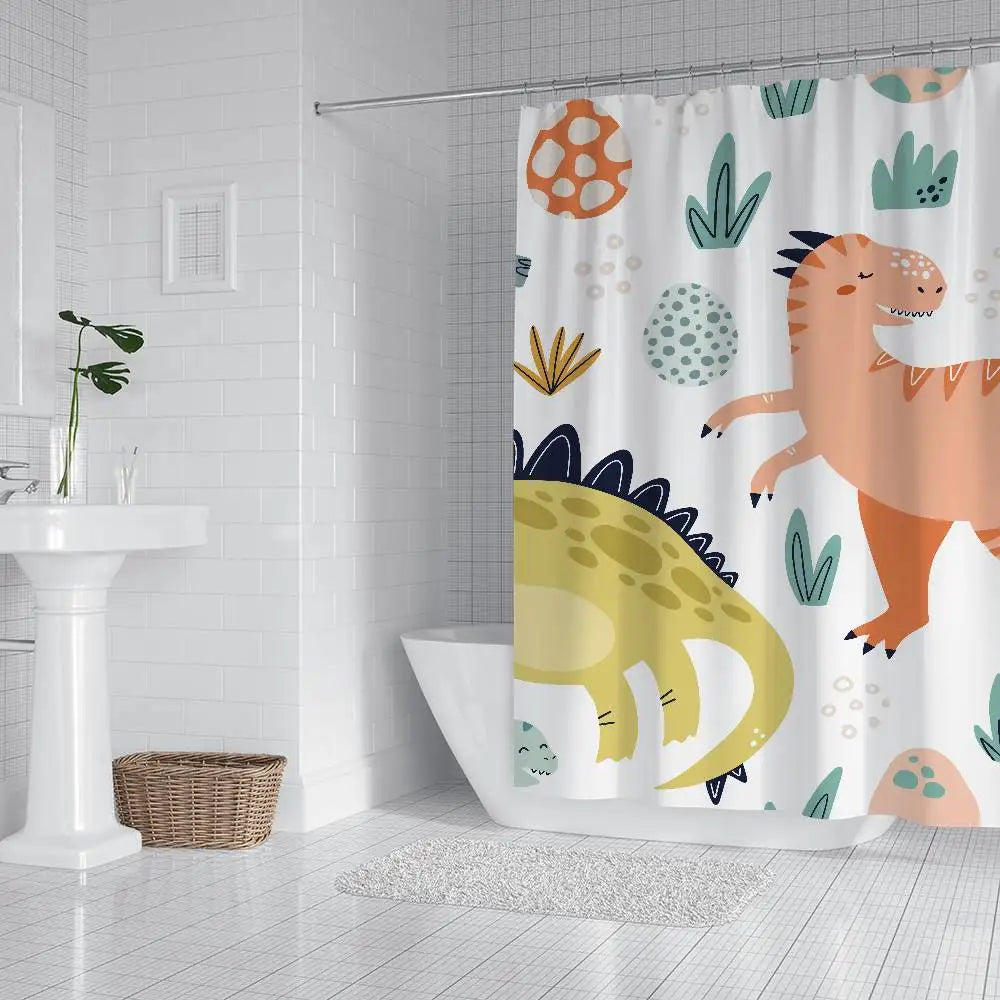 Cartoon Animal Dinosaur Print Waterproof Polyester Shower Curtain Waterproof Bathroom Curtain Liners 90x180cm With 12 Hooks
