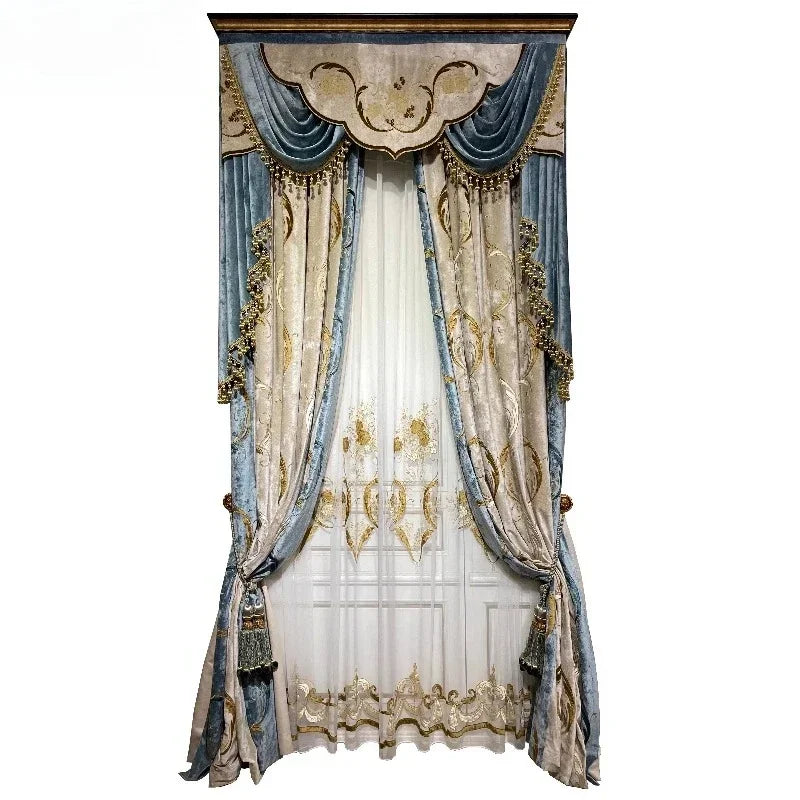 High-end Luxury Villa European-Americancurtains for Living Room and Bedroom Blackout Curtains Custom Blue Embroidered Curtain