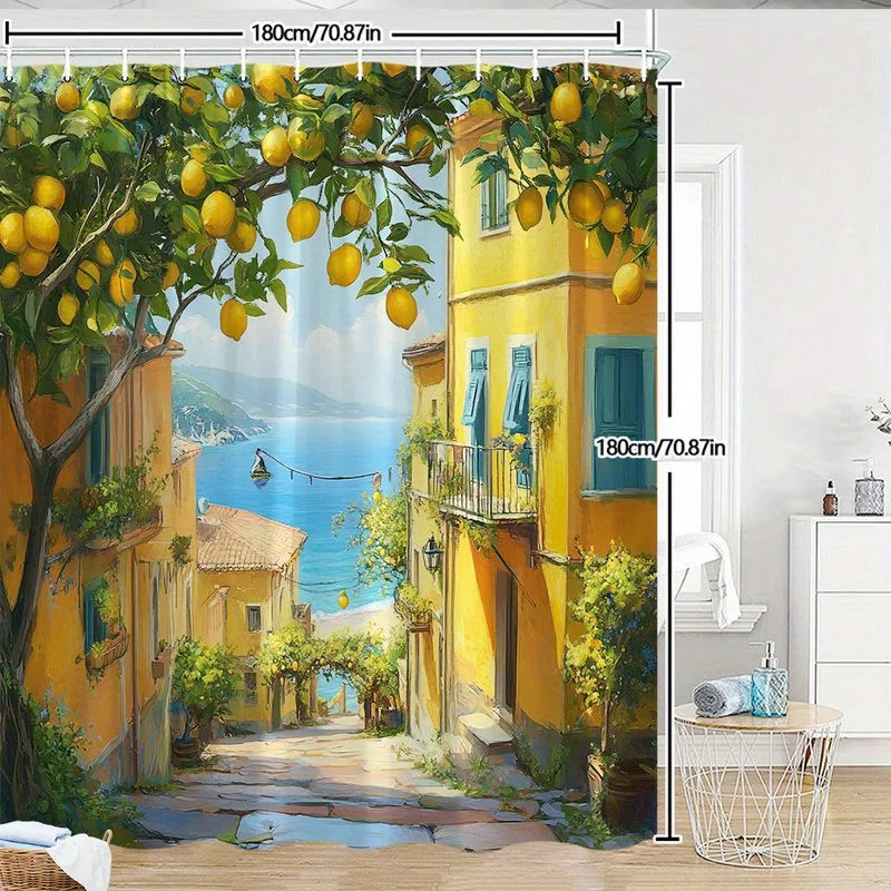 Waterproof Shower Curtain Featuring a Charming Mediterranean Village with Lemon Trees and Coastal Views for a Relaxing Bathroom