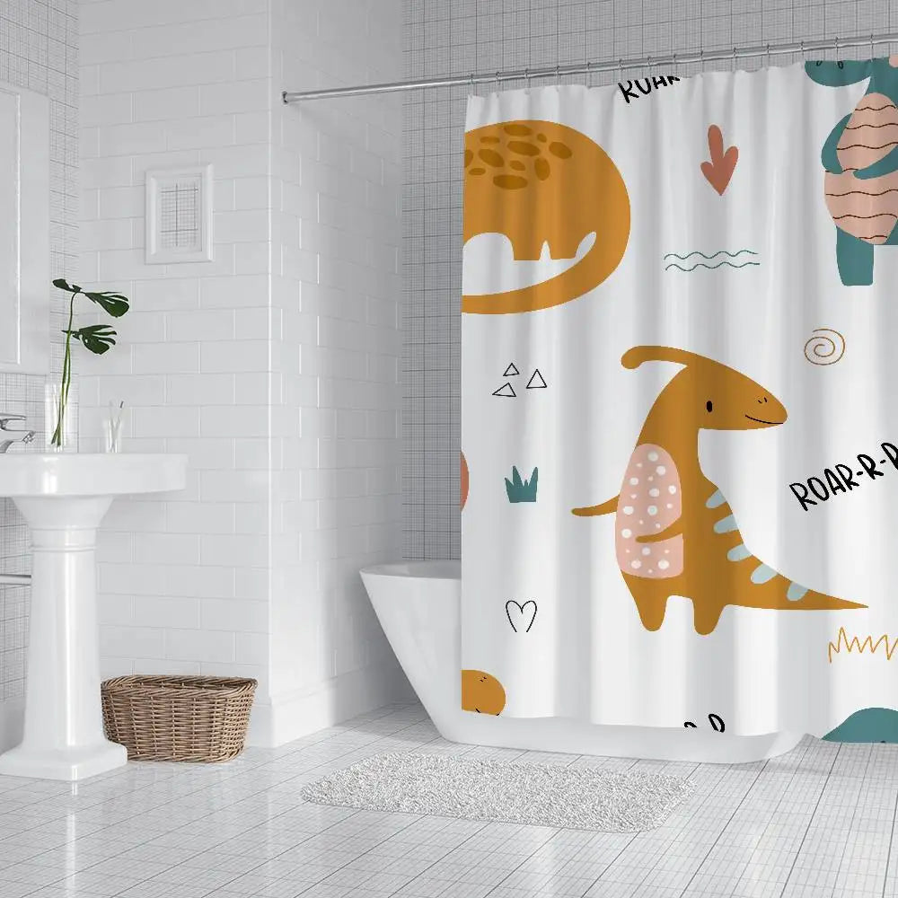 Cartoon Animal Dinosaur Print Waterproof Polyester Shower Curtain Waterproof Bathroom Curtain Liners 90x180cm With 12 Hooks