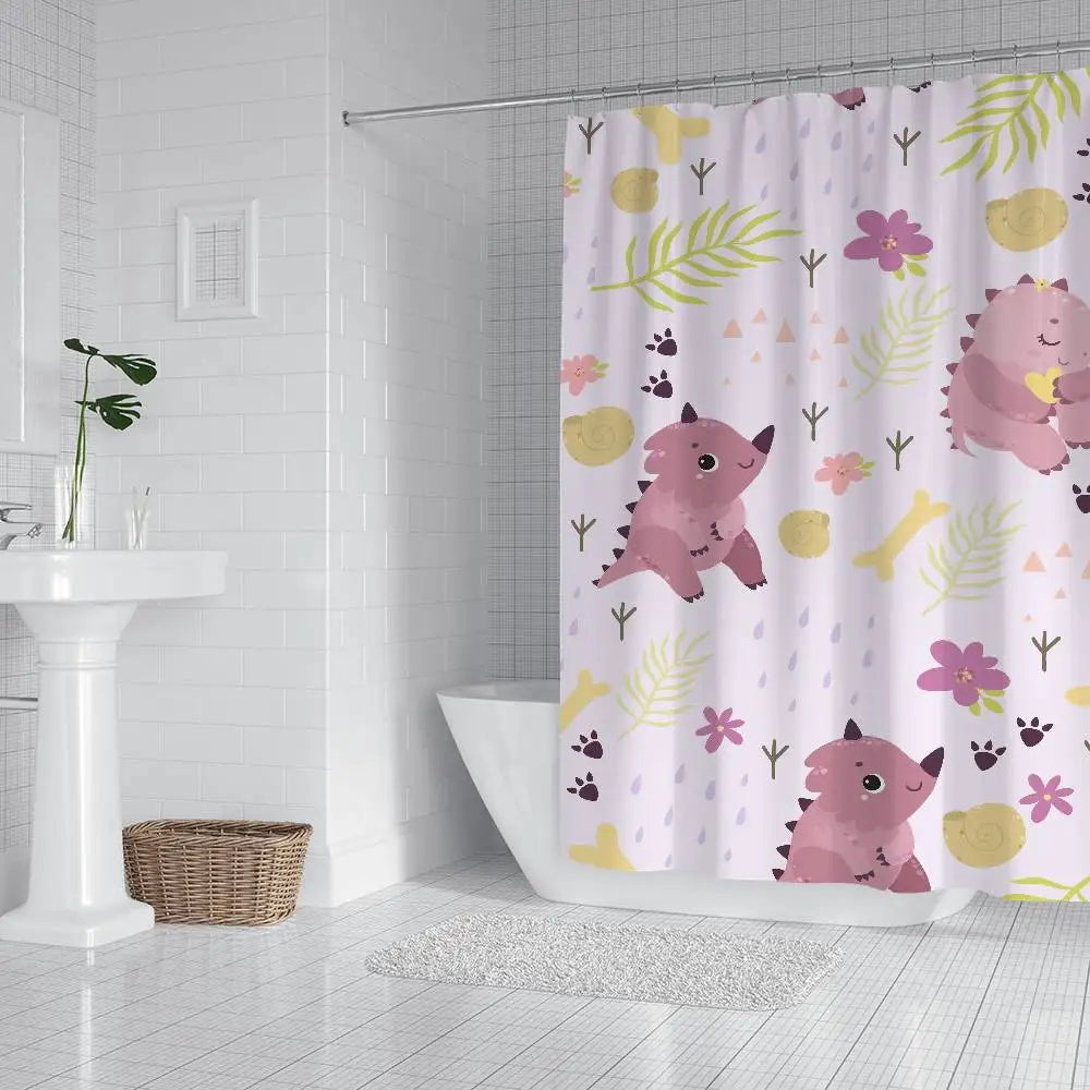 Cartoon Animal Dinosaur Print Waterproof Polyester Shower Curtain Waterproof Bathroom Curtain Liners 90x180cm With 12 Hooks