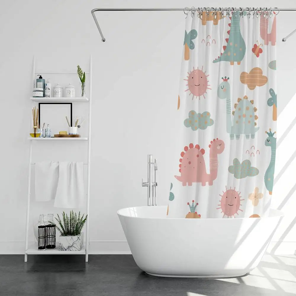 Cartoon Animal Dinosaur Print Waterproof Polyester Shower Curtain Waterproof Bathroom Curtain Liners 90x180cm With 12 Hooks