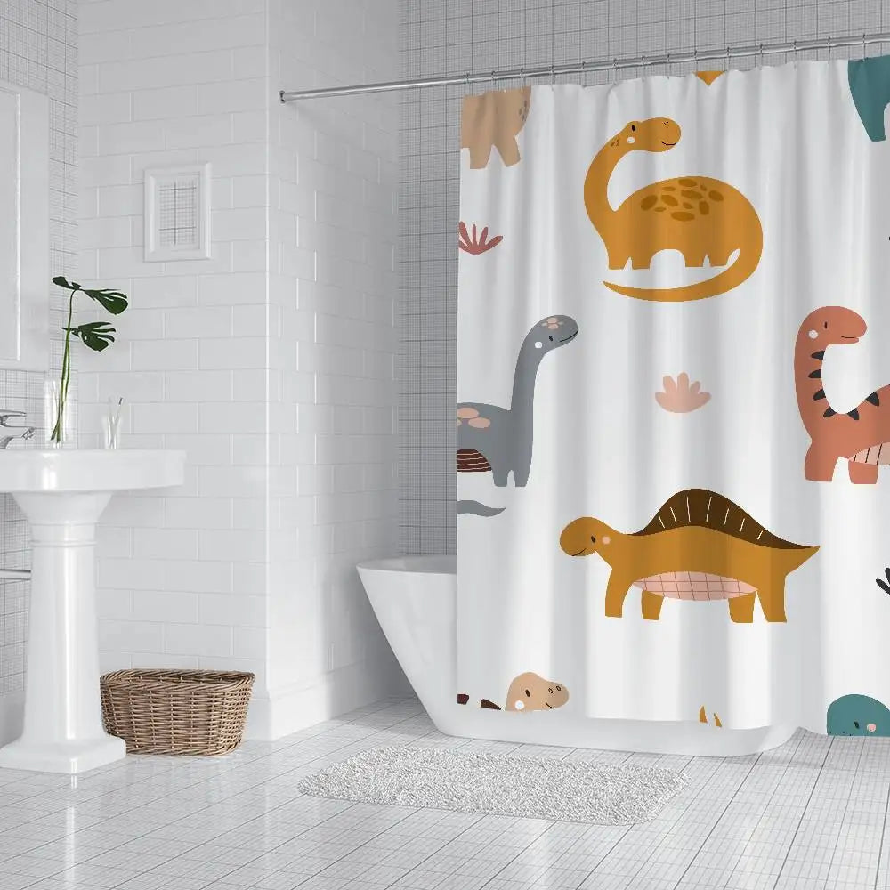 Cartoon Animal Dinosaur Print Waterproof Polyester Shower Curtain Waterproof Bathroom Curtain Liners 90x180cm With 12 Hooks