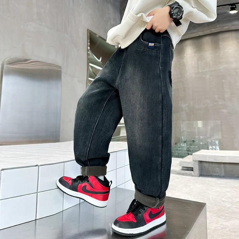 Teenage Boy Warm Fleece Cartoon Jeans Pants For Age 5 6 7 8 9 10 11 12 13 14 Years Child Winter Corduroy Denim Trousers Jeans