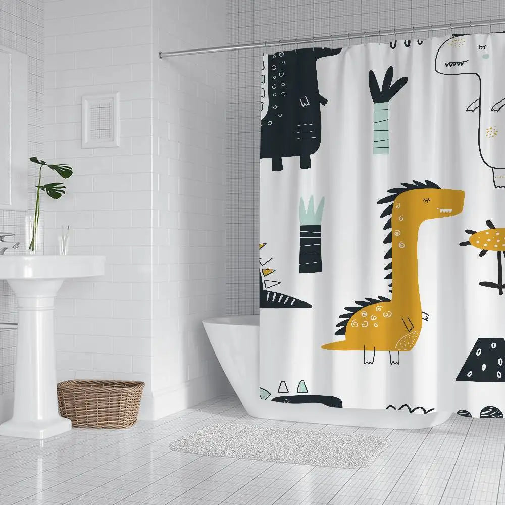 Cartoon Animal Dinosaur Print Waterproof Polyester Shower Curtain Waterproof Bathroom Curtain Liners 90x180cm With 12 Hooks