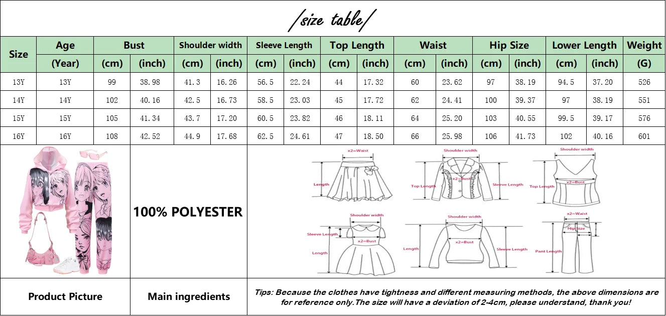 Teen Girl Clothes Children Outfit Pink Autumn Anime Girl Suit Overcoat + Pants 2Pcs Fashion Cute Set for Girls 13 14 15 16 Yrs