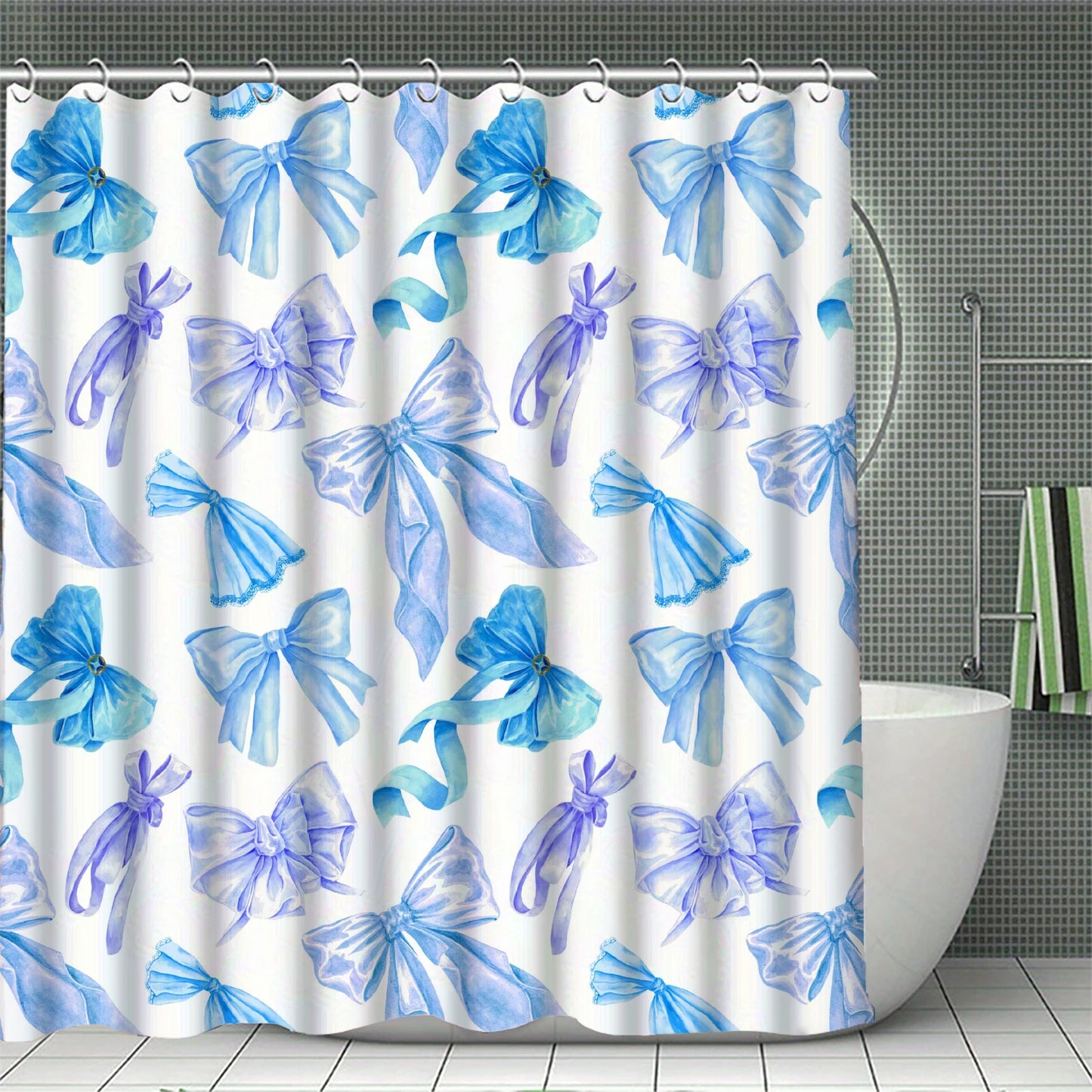 Blue Bowknot Curtains Shower Curtain Set for Bathroom Modern Bath Rug Decor For Bathroom Shower Curtains Multi-Size With 12Hooks